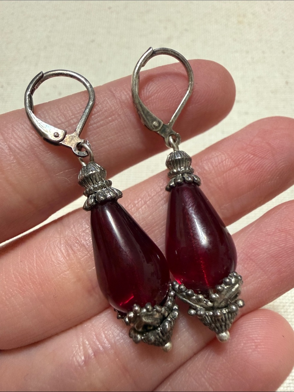 Elegant Sterling Burgundy Teardrop Dangle Earrings